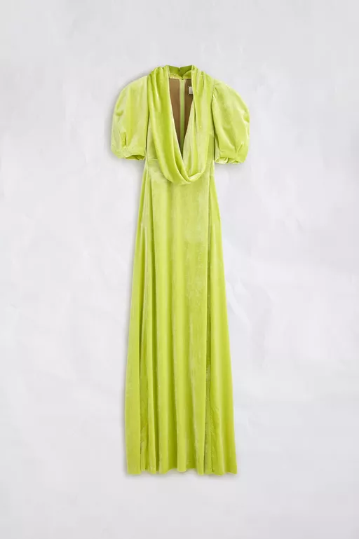 Puff-Sleeve Velvet Cowl Maxi Dress
