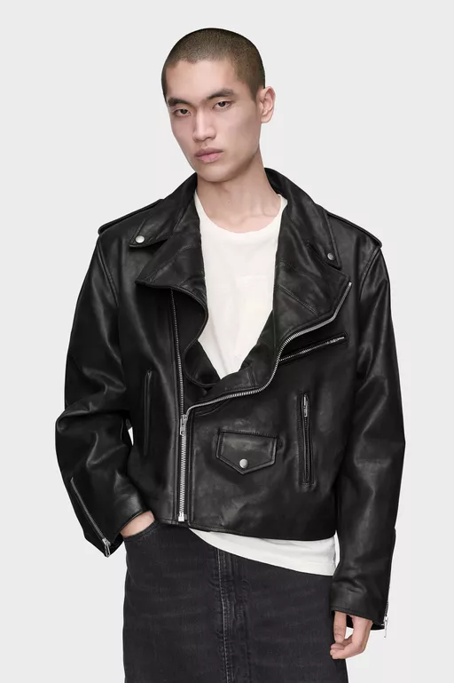 Folded Collar Leather Biker Jacket - Jackets