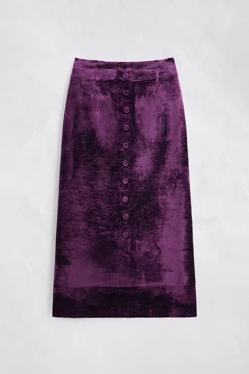 Button-Front Velvet Midi Skirt
