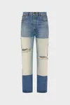 Blue - Patched Panel Straight Jeans