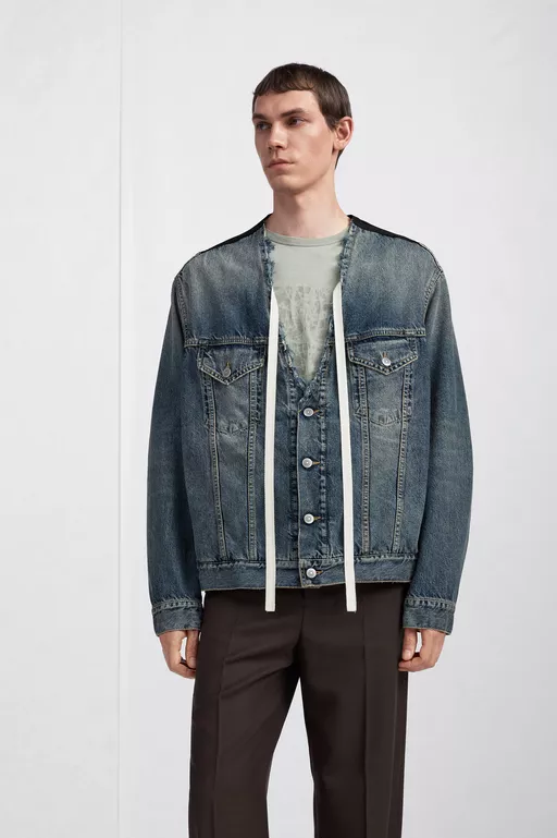 Distressed Collarless Denim Jacket - Jackets
