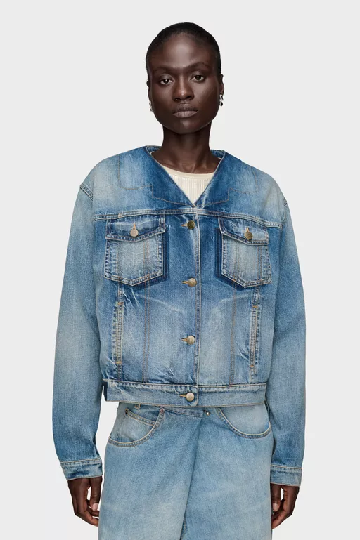 Folded Collar Denim Jacket - Jackets
