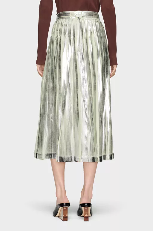Pleated Metallic Silk Midi Skirt - Midi Skirts