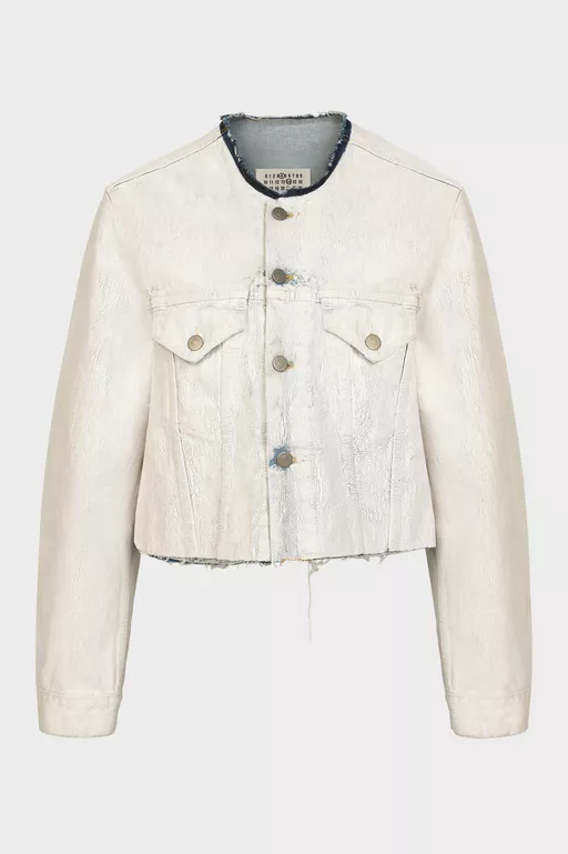 Cropped Collarless Denim Jacket - Jackets