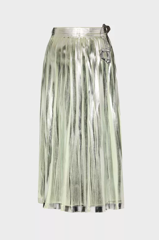 Pleated Metallic Silk Midi Skirt