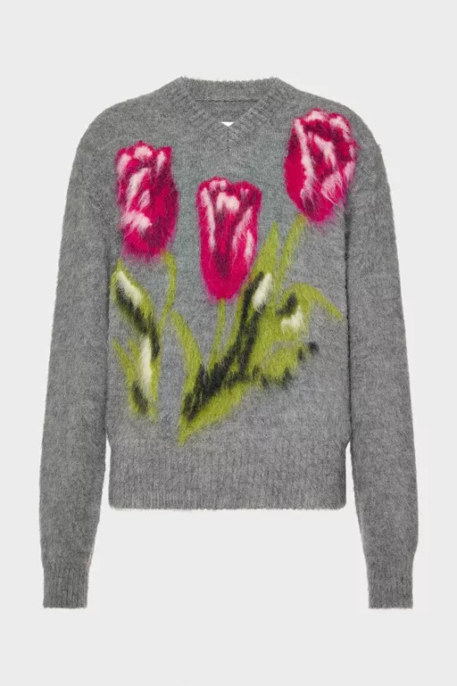 Flower Wool Sweater - V-neck