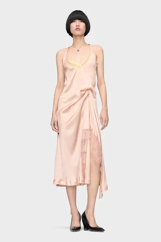 Vestido midi de seda con encaje - Vestidos Midi