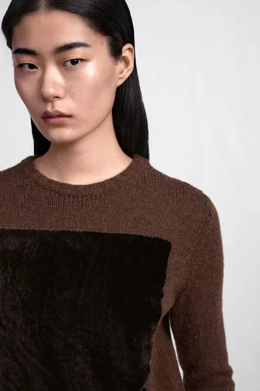 Velvet-Panel Wool Sweater - Crewneck