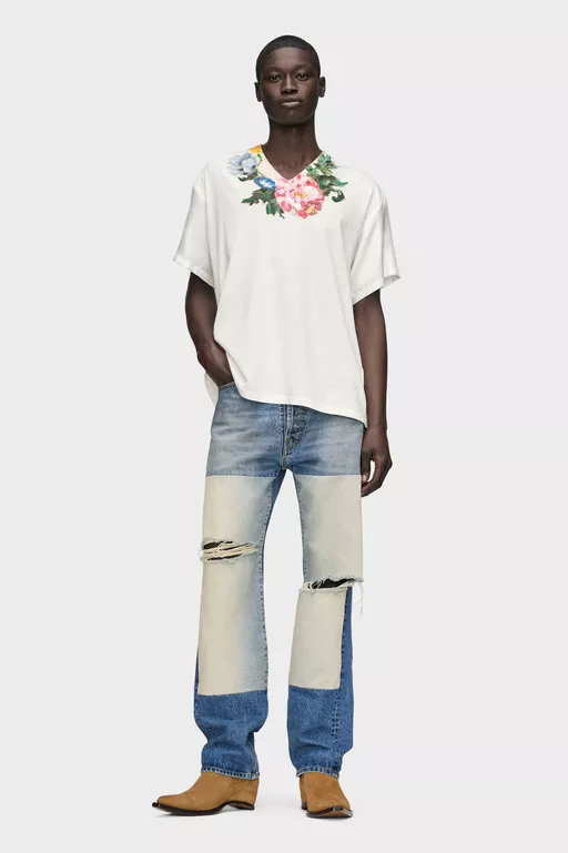 Patched Panel Straight Jeans - Denim