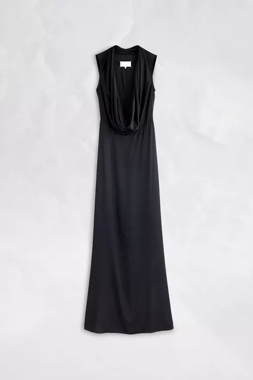 Vestido Largo de Sat&eacute;n con Cuello Vuelto - Vestidos Cortos