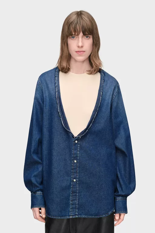 Folded Collar Denim Shirt - Shirts