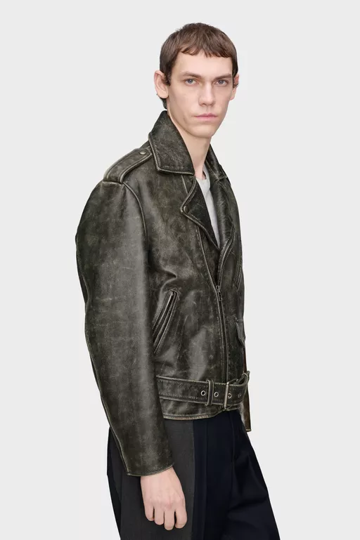 Distressed Leather Biker Jacket - Jackets