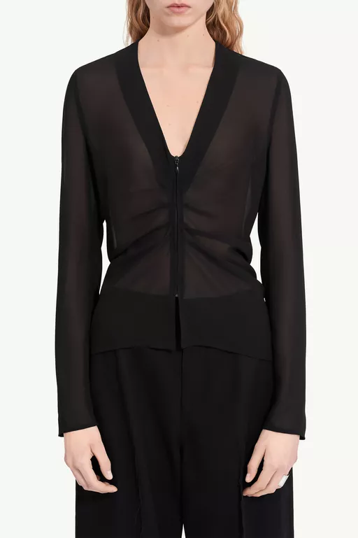 Gathered chiffon V-neck top - Short-sleeved Top