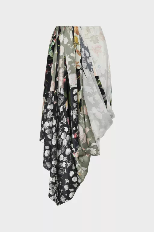 Jupe drap&eacute;e en soie &agrave; motif floral