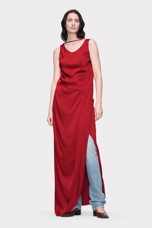 Vestido largo drapeado de sat&eacute;n - Vestidos Cortos