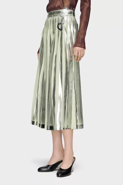 Pleated Metallic Silk Midi Skirt - Midi Skirts