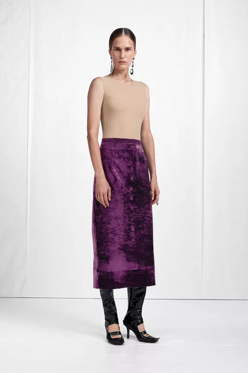 Falda Midi de Terciopelo con Botones Delanteros - Faldas Midi