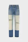 Blue - Patched Panel Straight Jeans