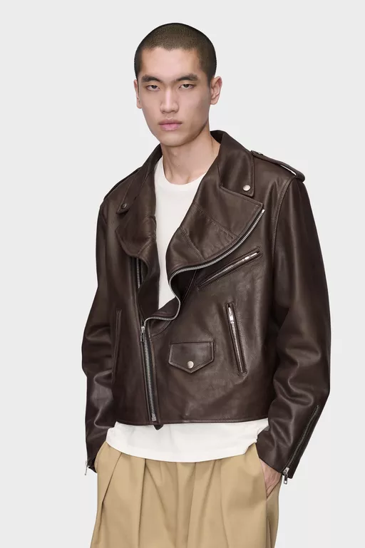 Folded Collar Leather Biker Jacket - Jackets