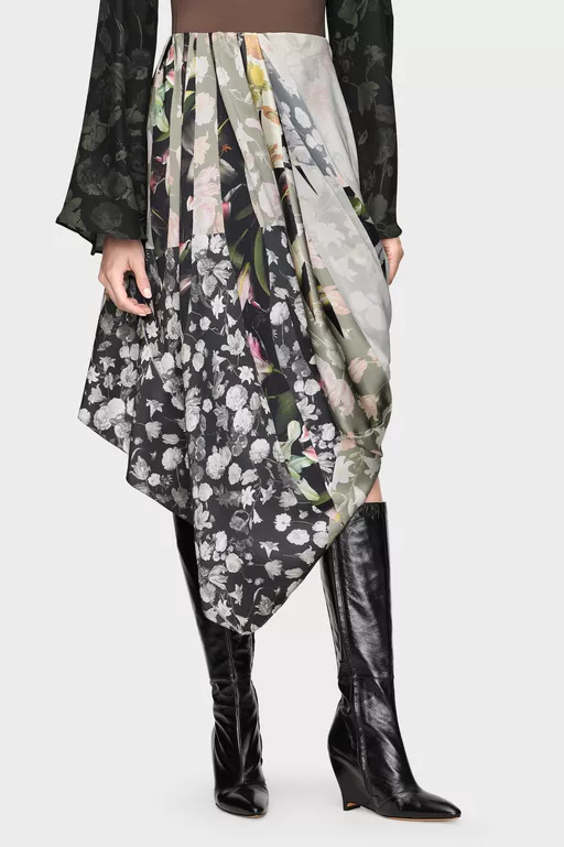 Silk Floral Draped Skirt - Midi Skirts