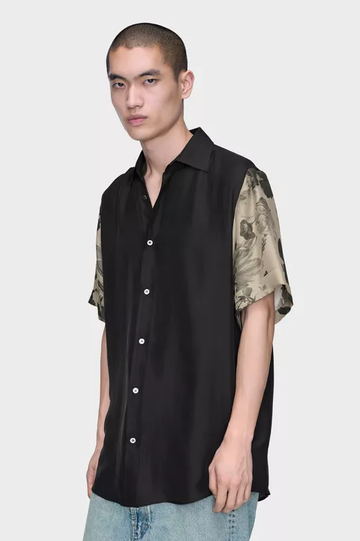 Floral Sleeve Silk Shirt - Short-sleeved Shirt
