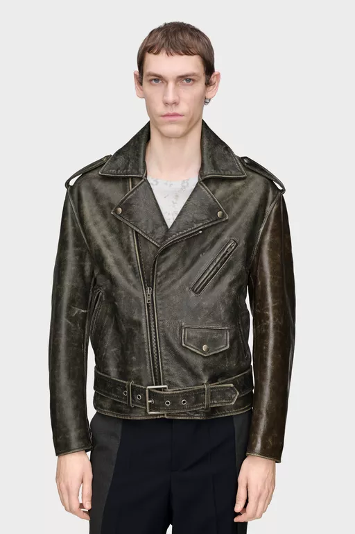 Distressed Leather Biker Jacket - Jackets