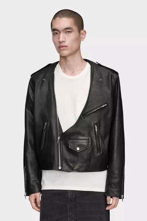 Folded Collar Leather Biker Jacket - Jackets