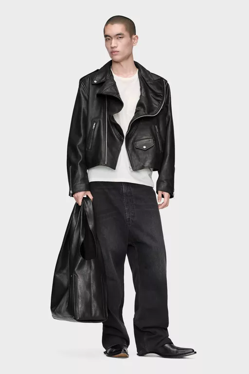 Folded Collar Leather Biker Jacket - Jackets