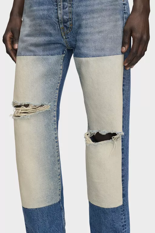 Patched Panel Straight Jeans - Denim