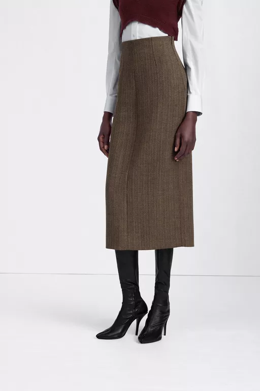 Herringbone Virgin Wool Midi Skirt - Midi Skirts