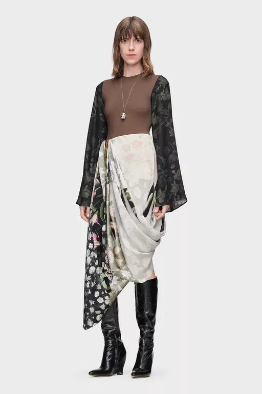 Silk Floral Draped Skirt - Midi Skirts