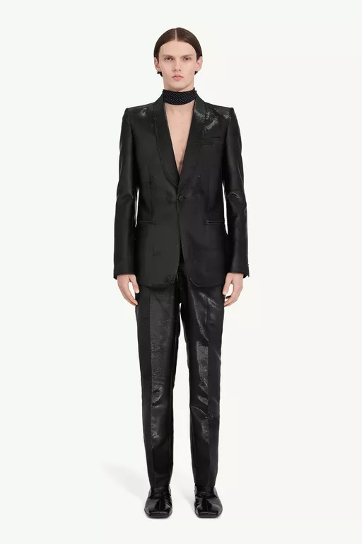 Distressed jacquard trousers