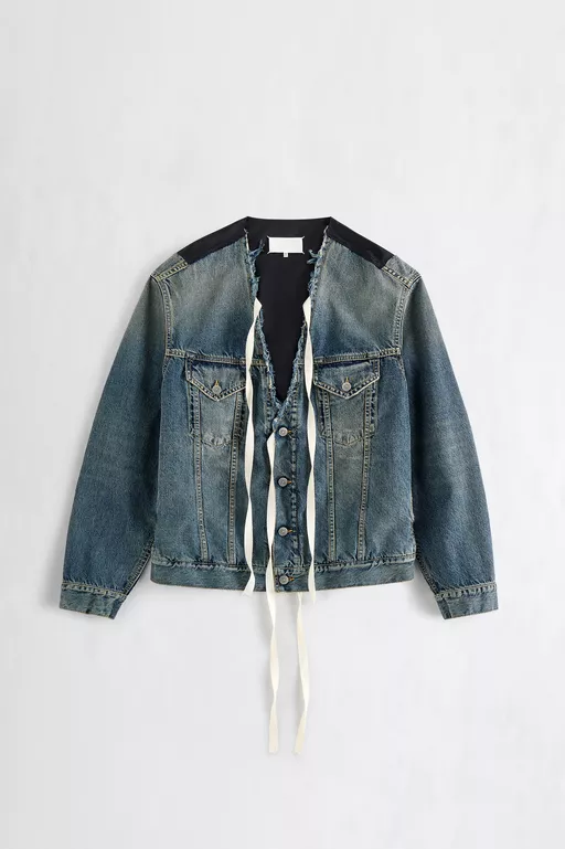 Distressed Collarless Denim Jacket - Jackets