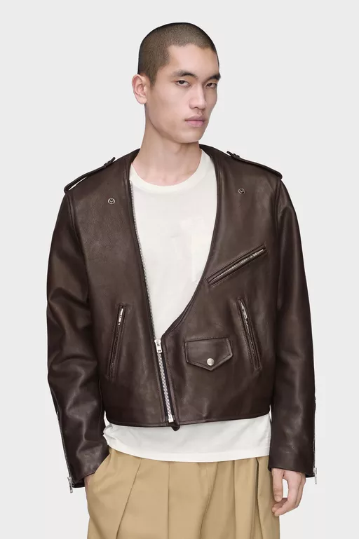Folded Collar Leather Biker Jacket - Jackets