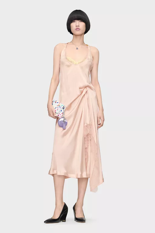Vestido midi de seda con encaje - Vestidos Midi