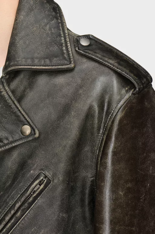 Distressed Leather Biker Jacket - Jackets