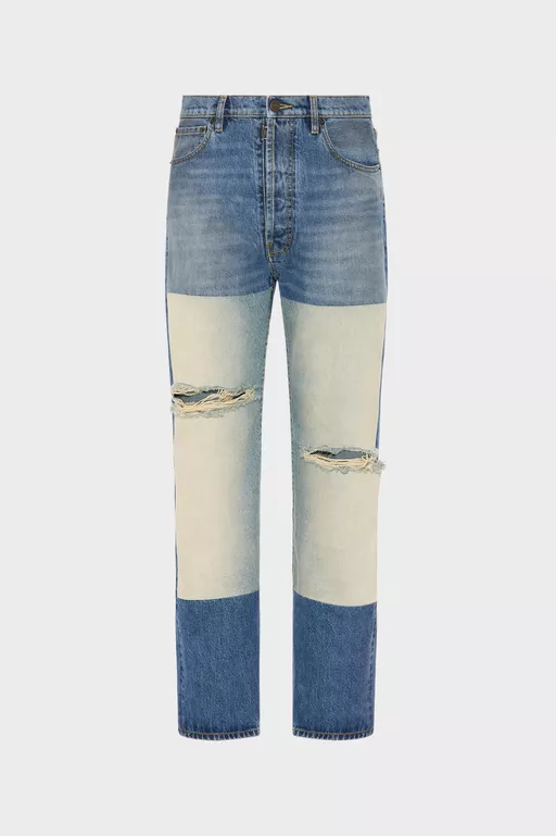 Patched Panel Straight Jeans - Denim