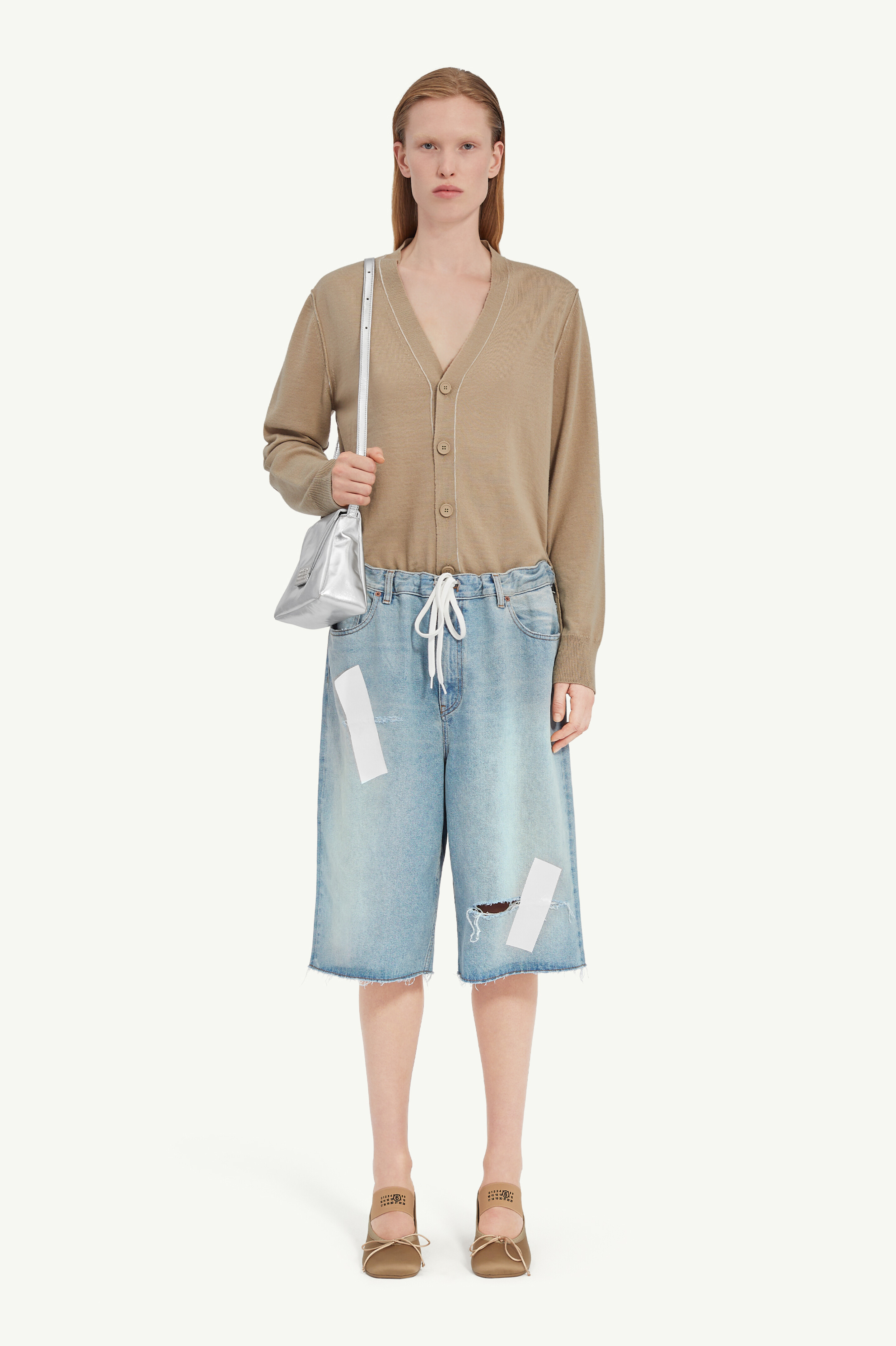 Taped denim shorts