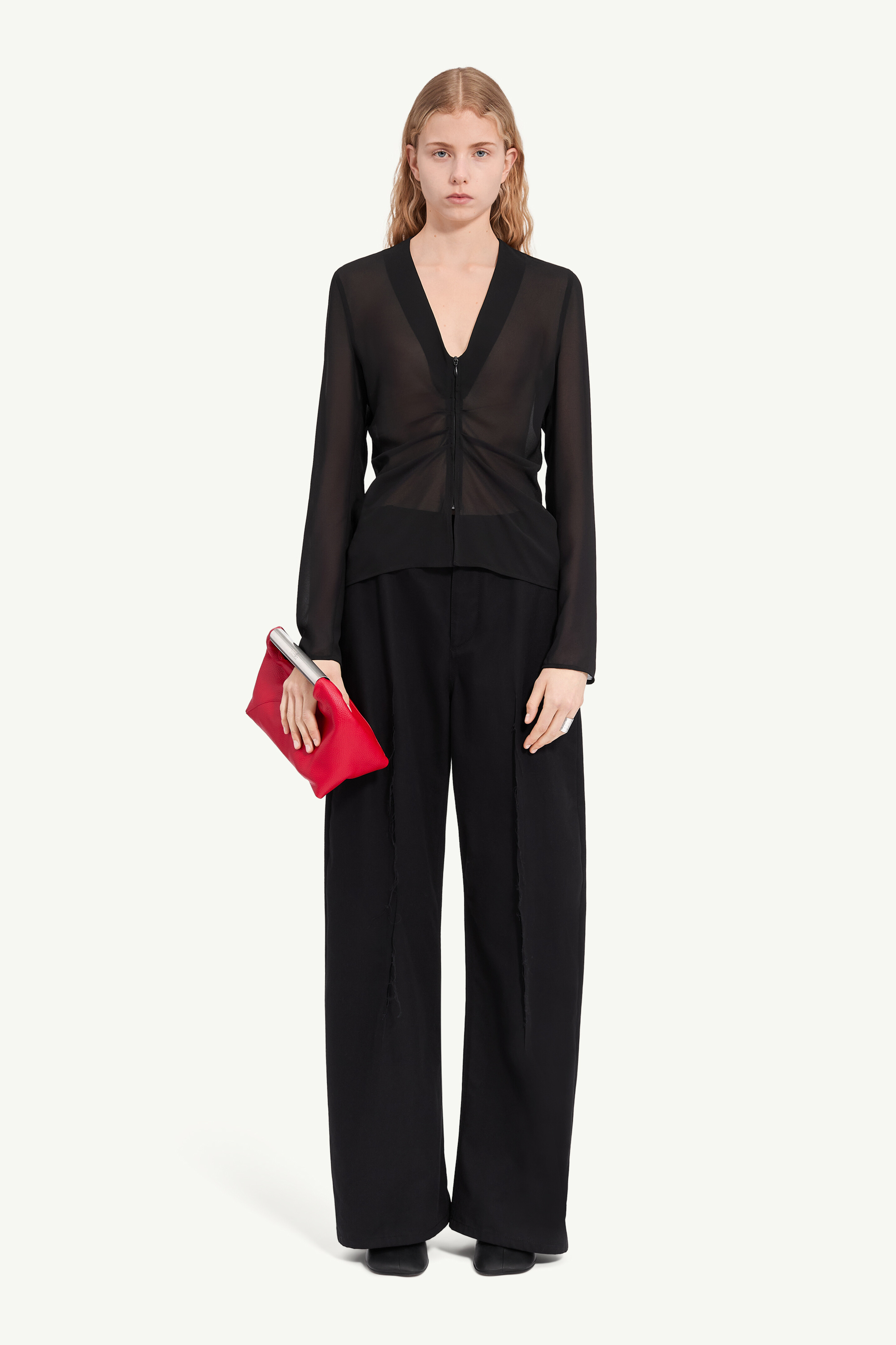 Gathered chiffon V-neck top