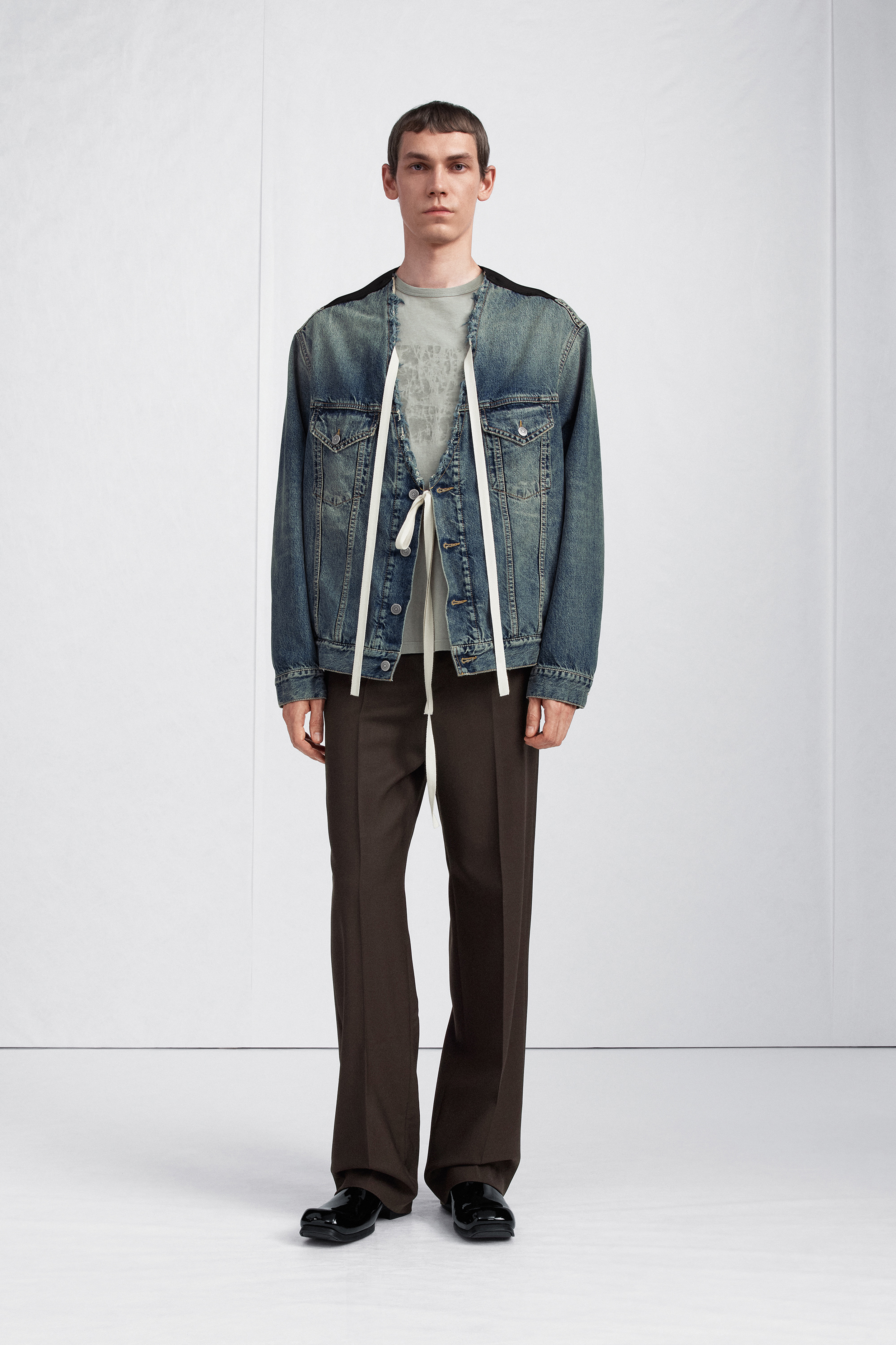 Distressed Collarless Denim Jacket