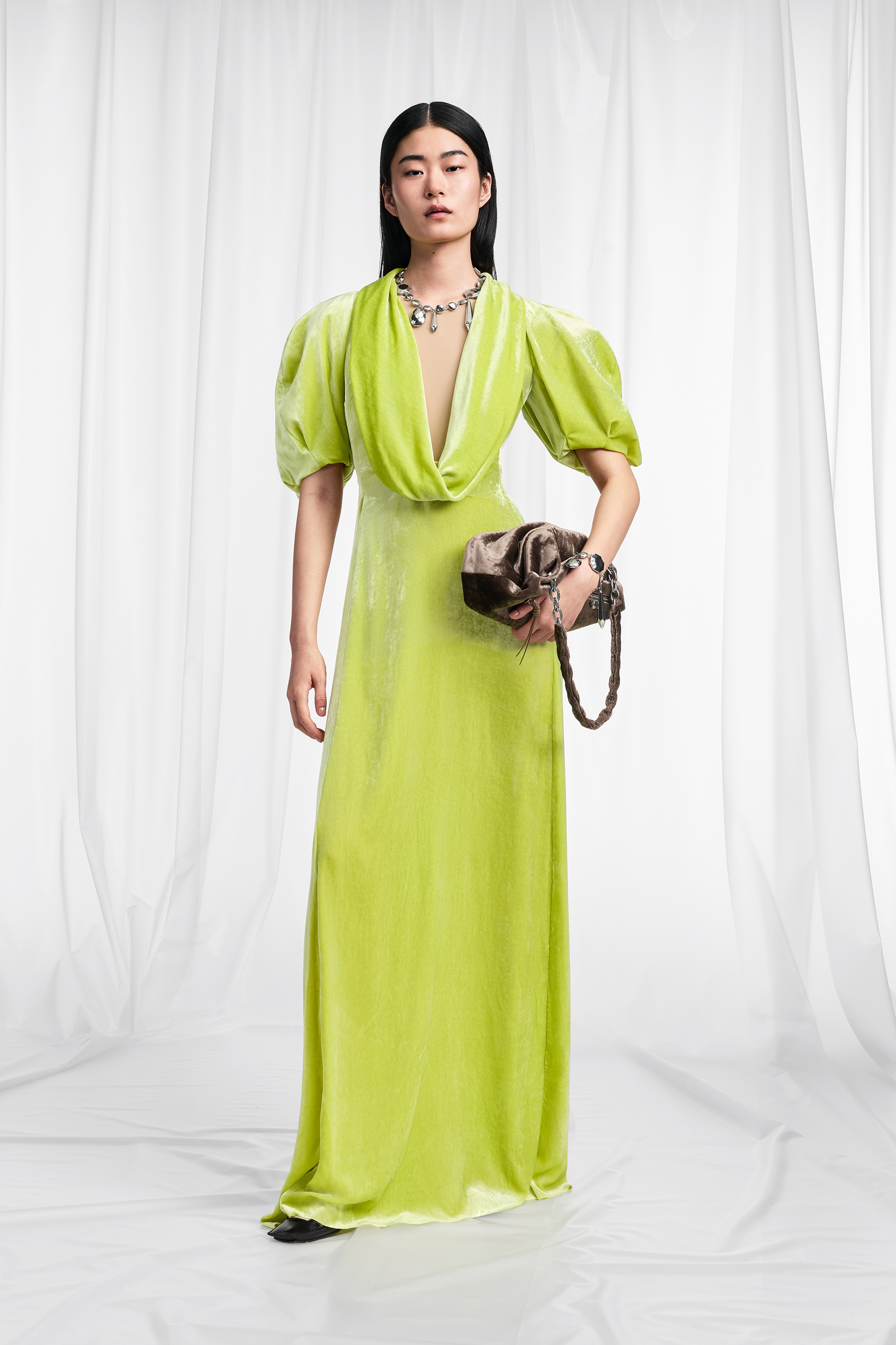 Puff-Sleeve Velvet Cowl Maxi Dress