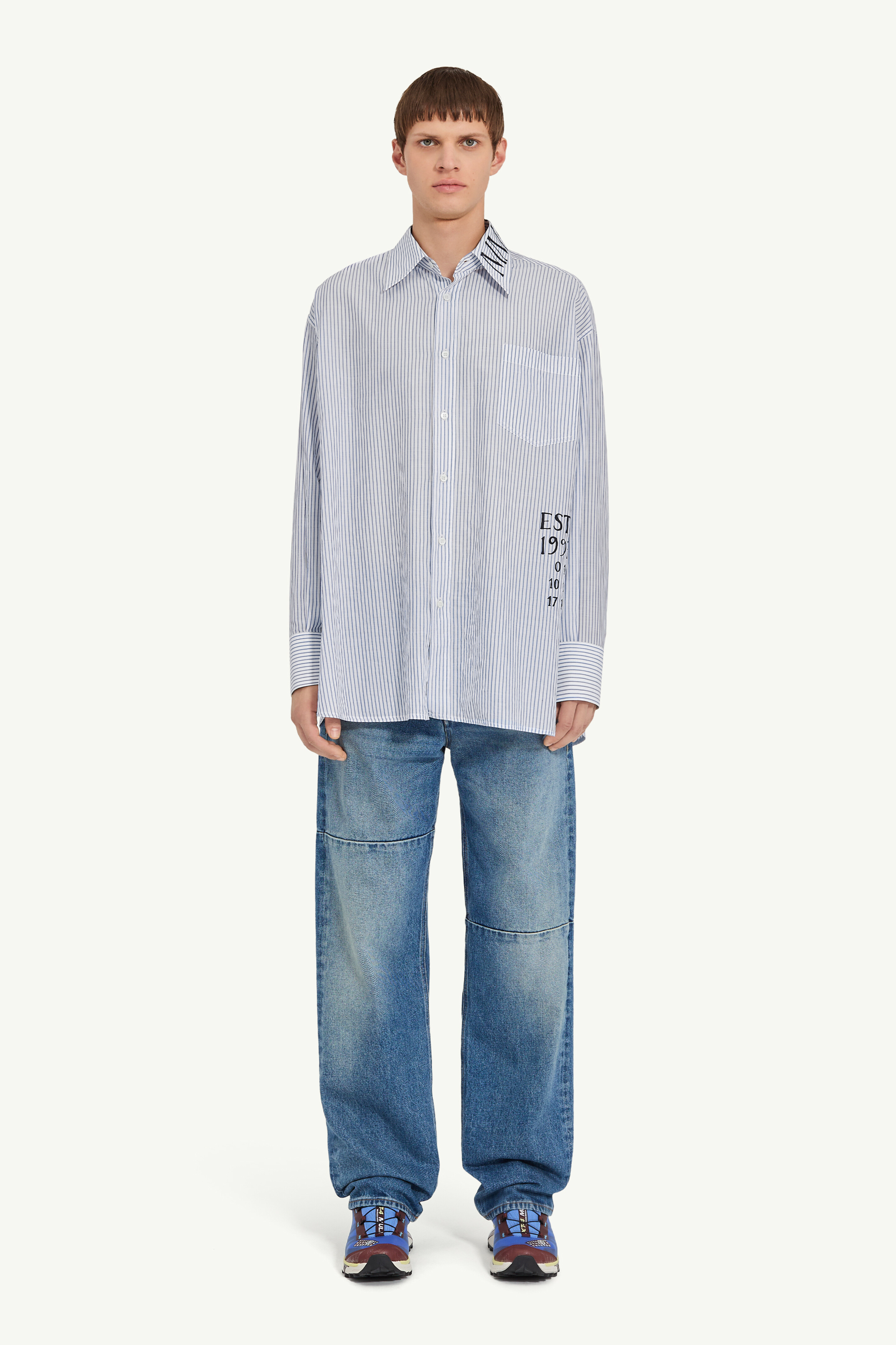 Asymmetric striped poplin shirt