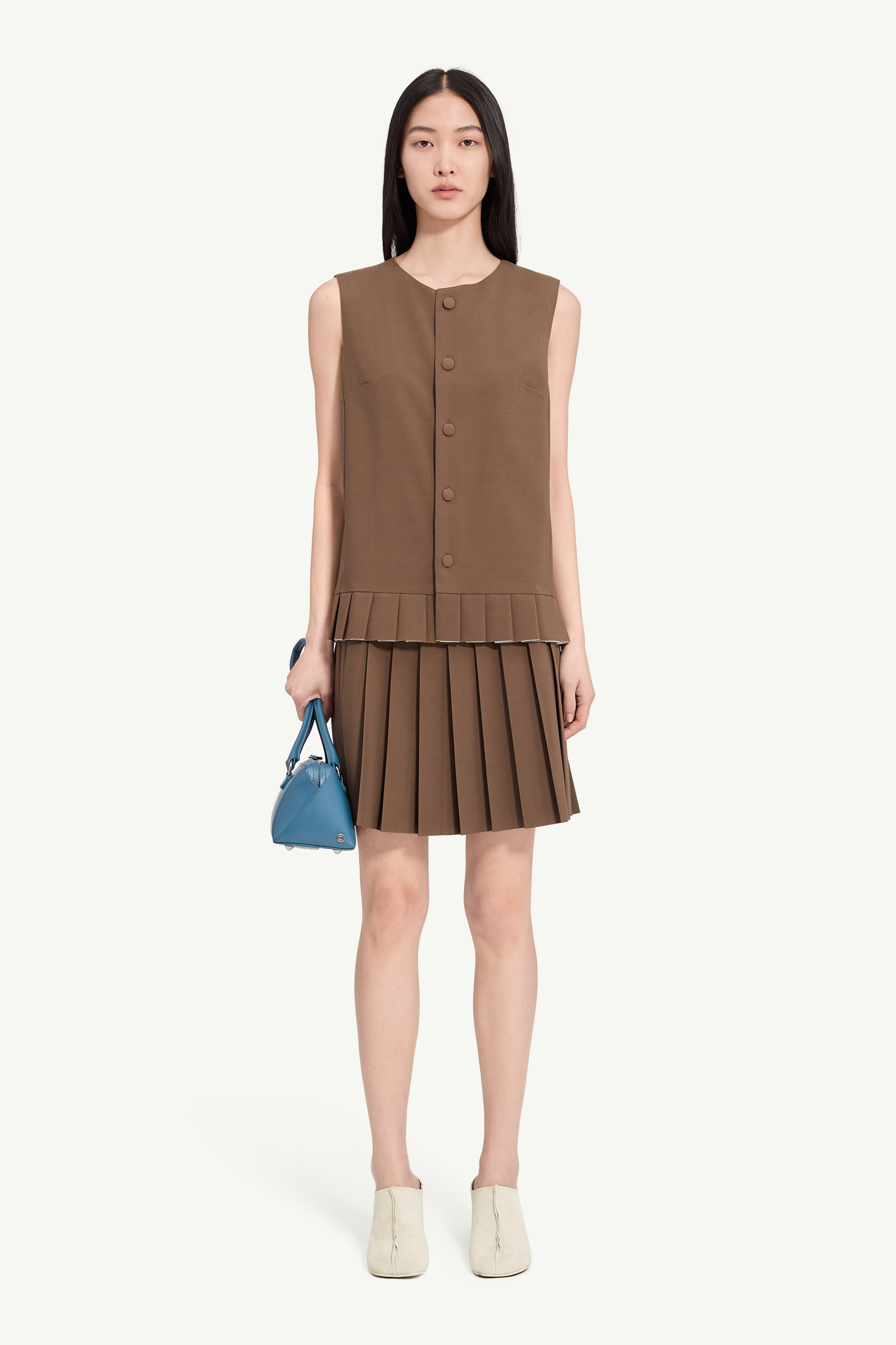 Pleated wool blend sleeveless top