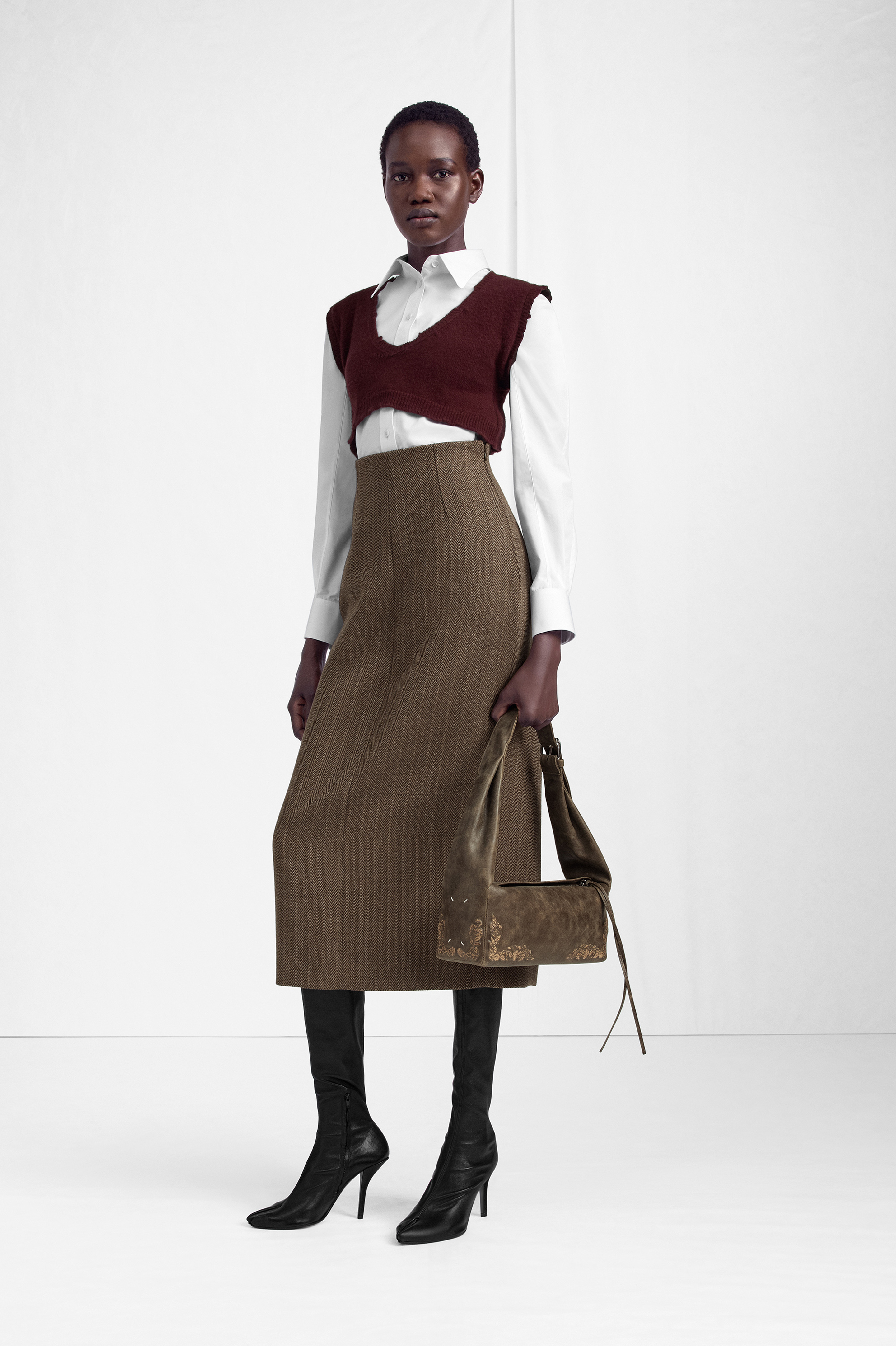 Herringbone Virgin Wool Midi Skirt