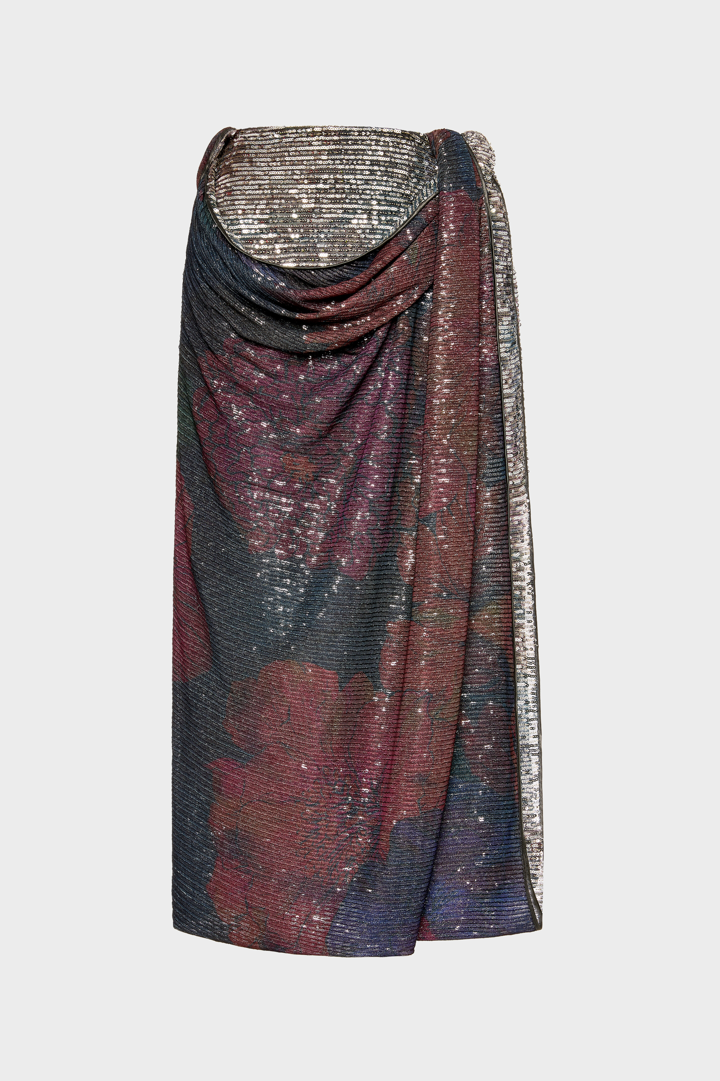 Printed Paillettes Draped Maxi Skirt