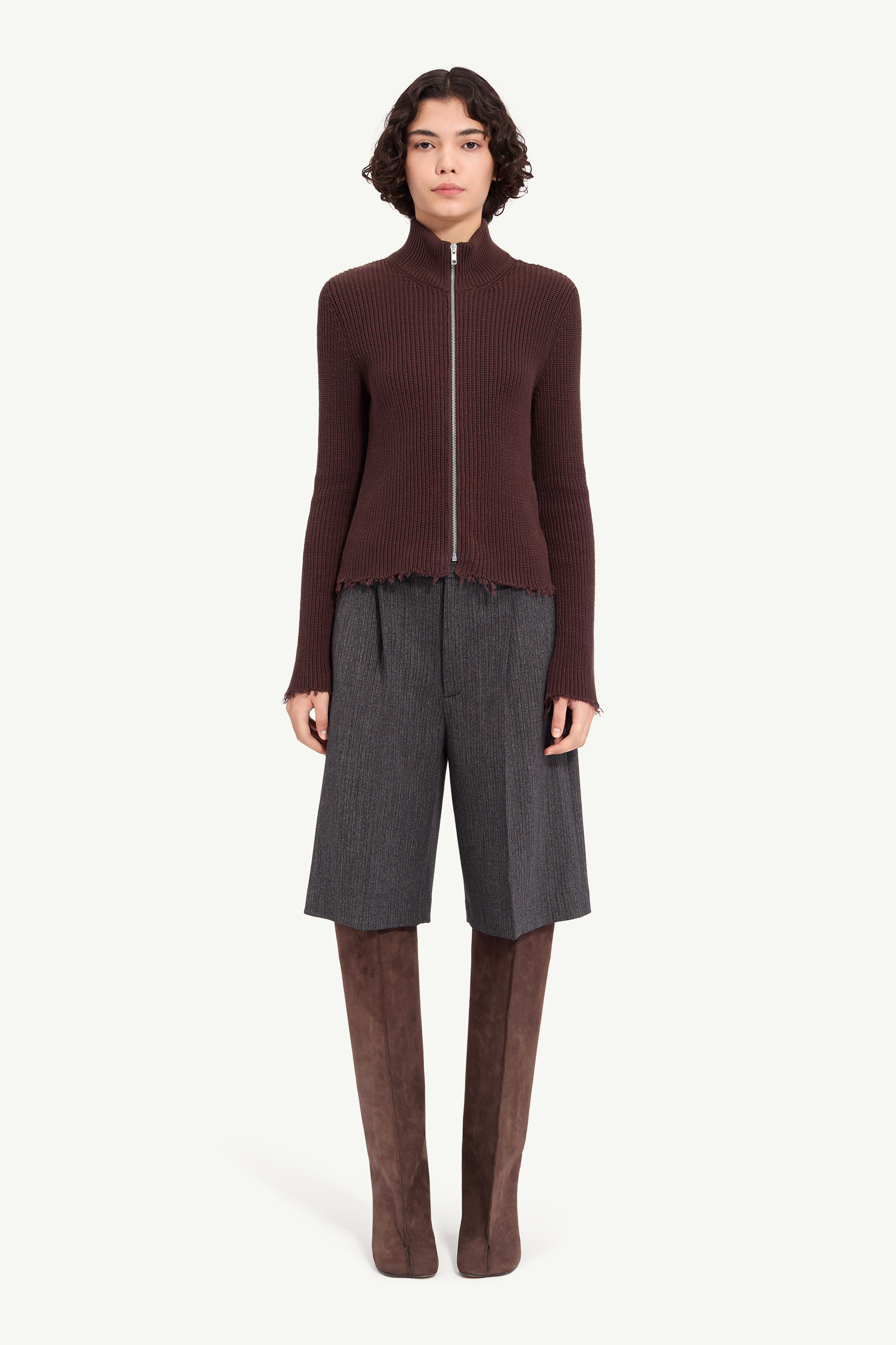 Ribbed Cotton Zip Cardigan