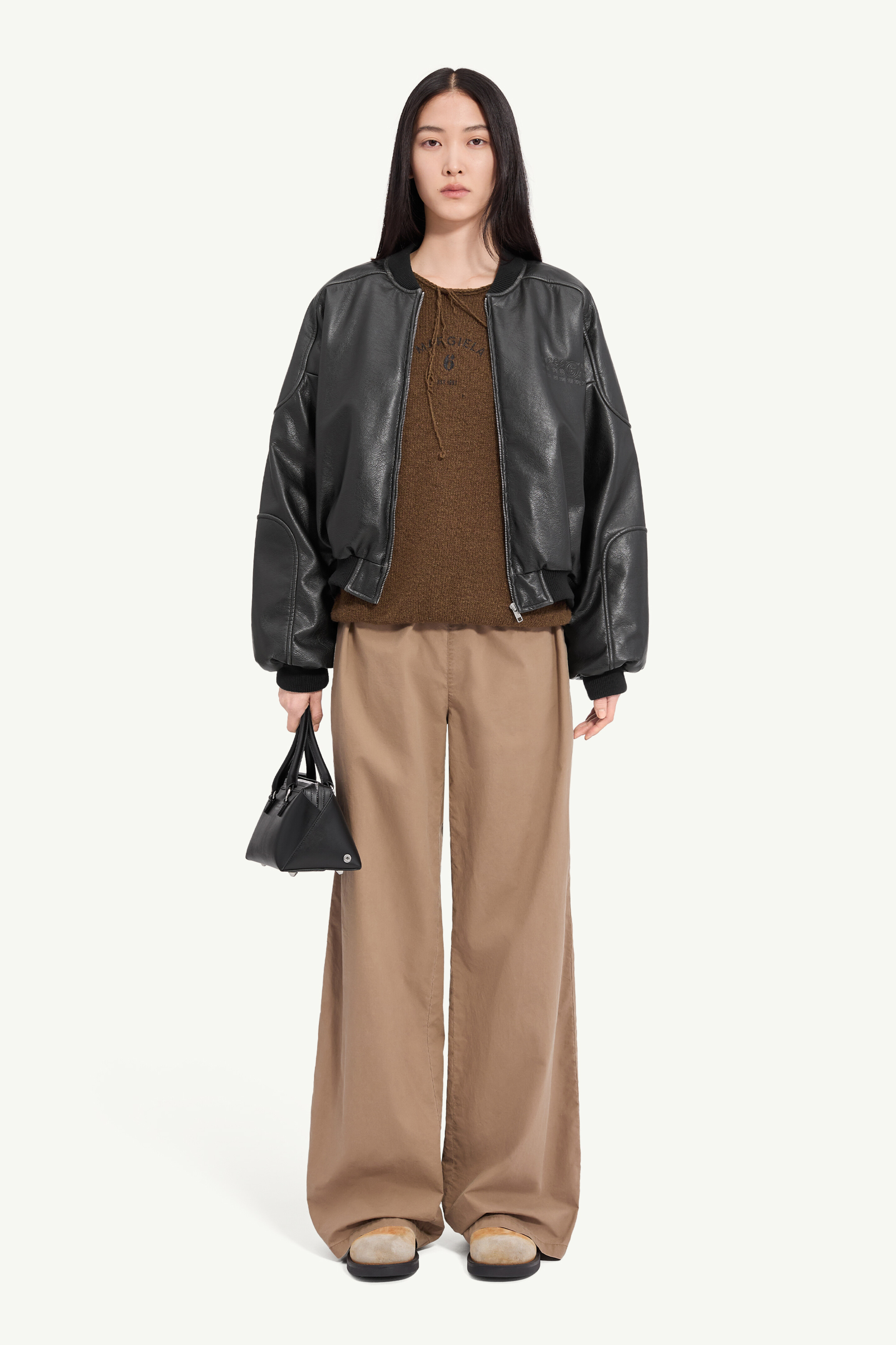 Faux leather jacket with rib-knit trim