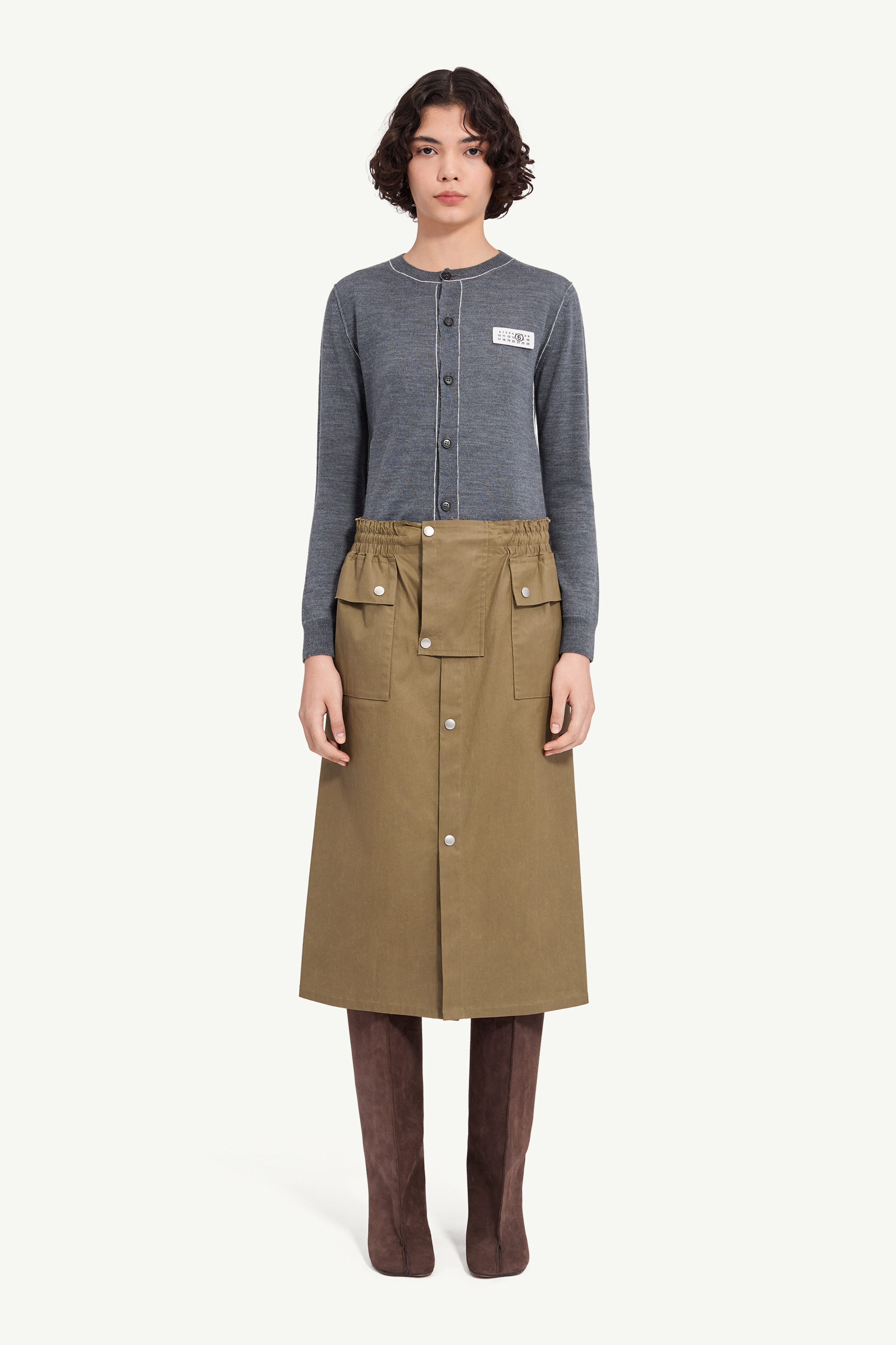 Drawstring coated cotton midi skirt
