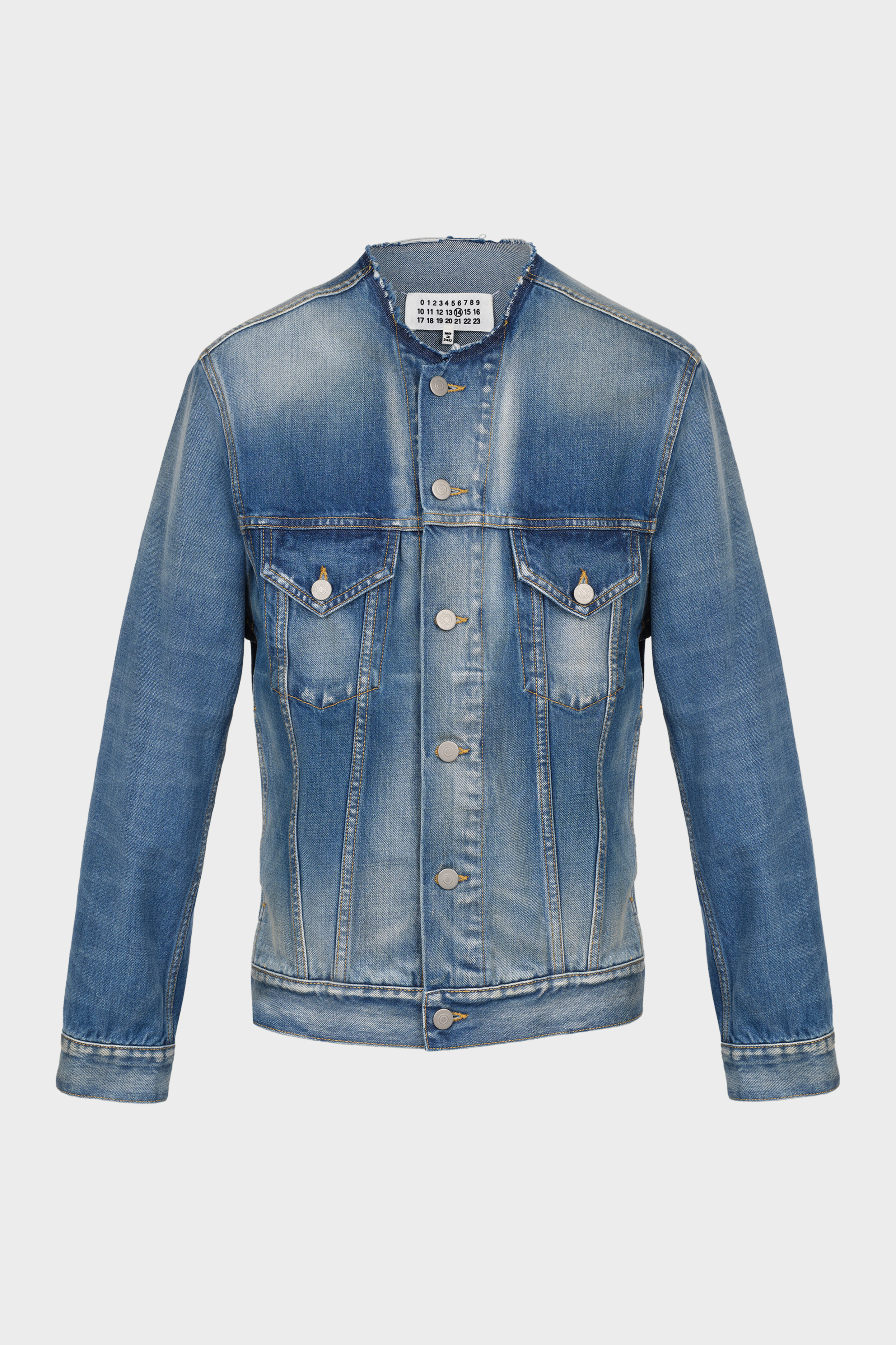 Collarless denim jacket