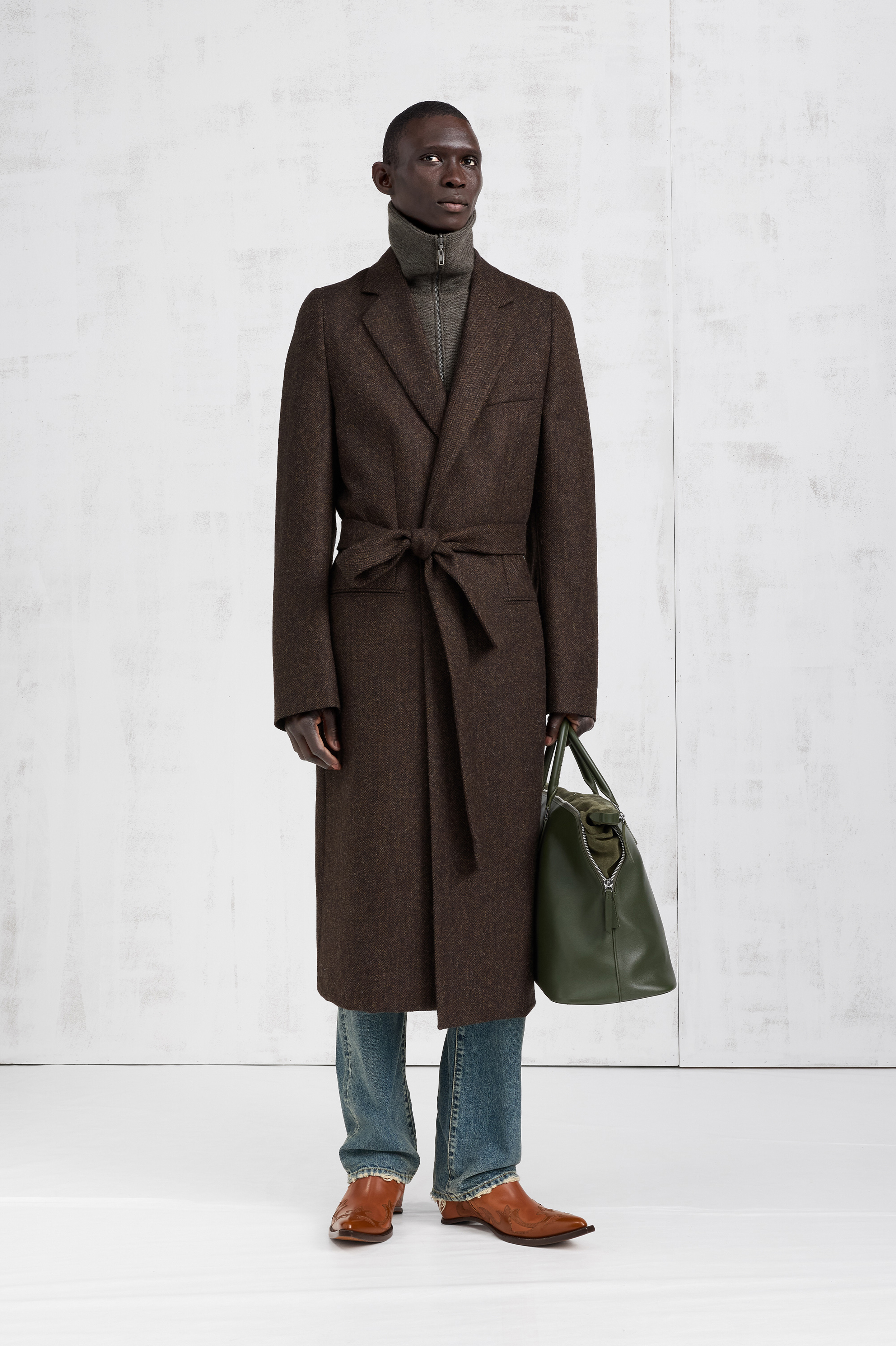 Belted Herringbone Wool Coat